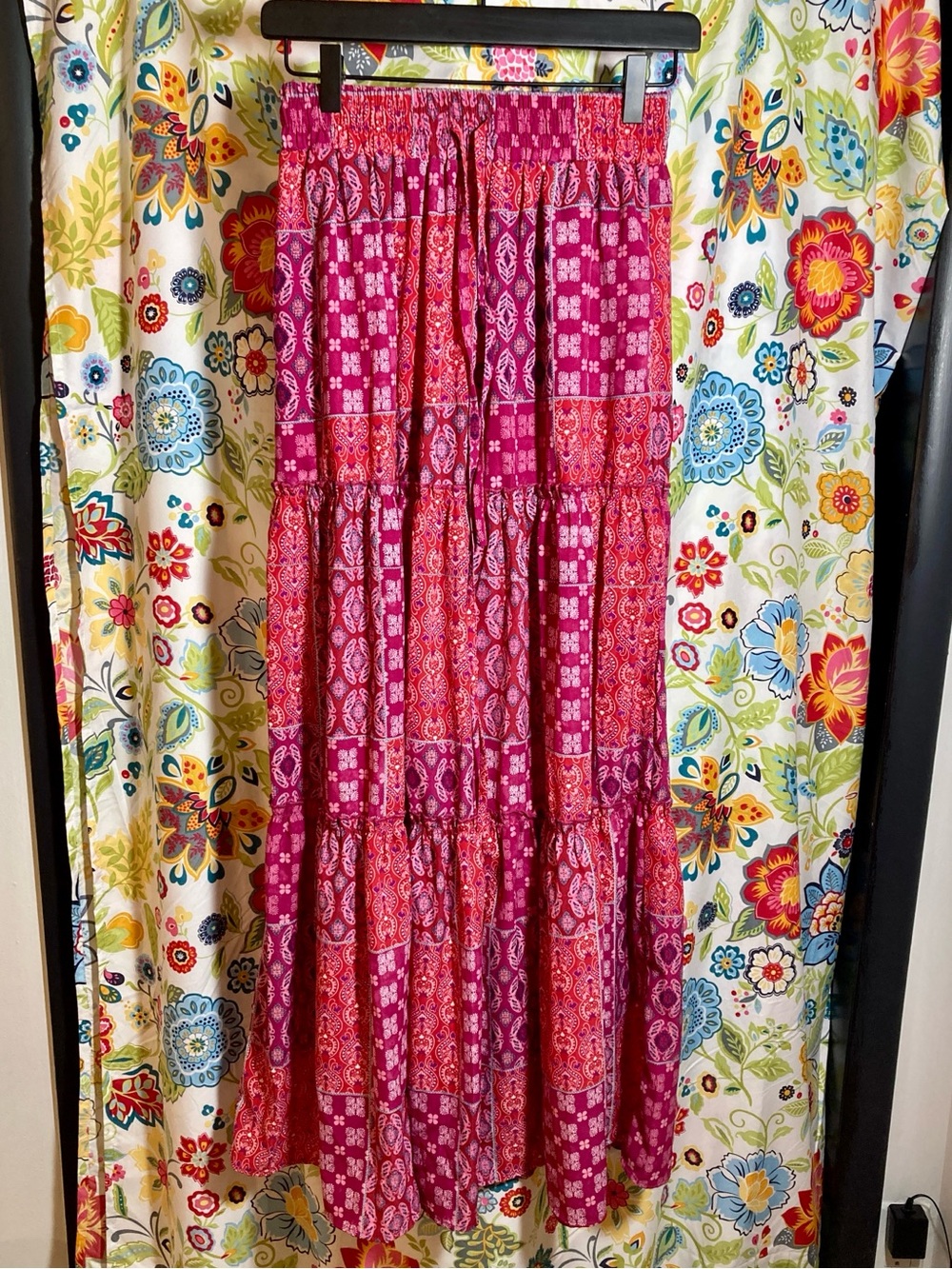 Tiered Patchwork Maxi Skirt in Magenta/Pink Size XS